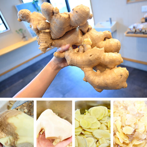 大きな生姜を仕入れ、皮をむき、店内工房で一から手作りしているところを説明する画像。