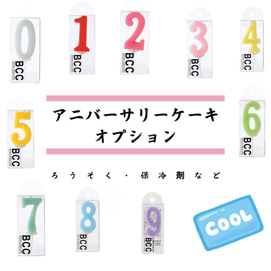 ろうそく、保冷剤など、アニバーサリーケーキとよく一緒に購入される商品画像の上に、アニバーサリーケーキオプションの文字。